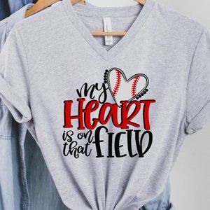 New My Heart Is On The Field Baseball Grey V Neck Bella Canvas L Large T-shirt